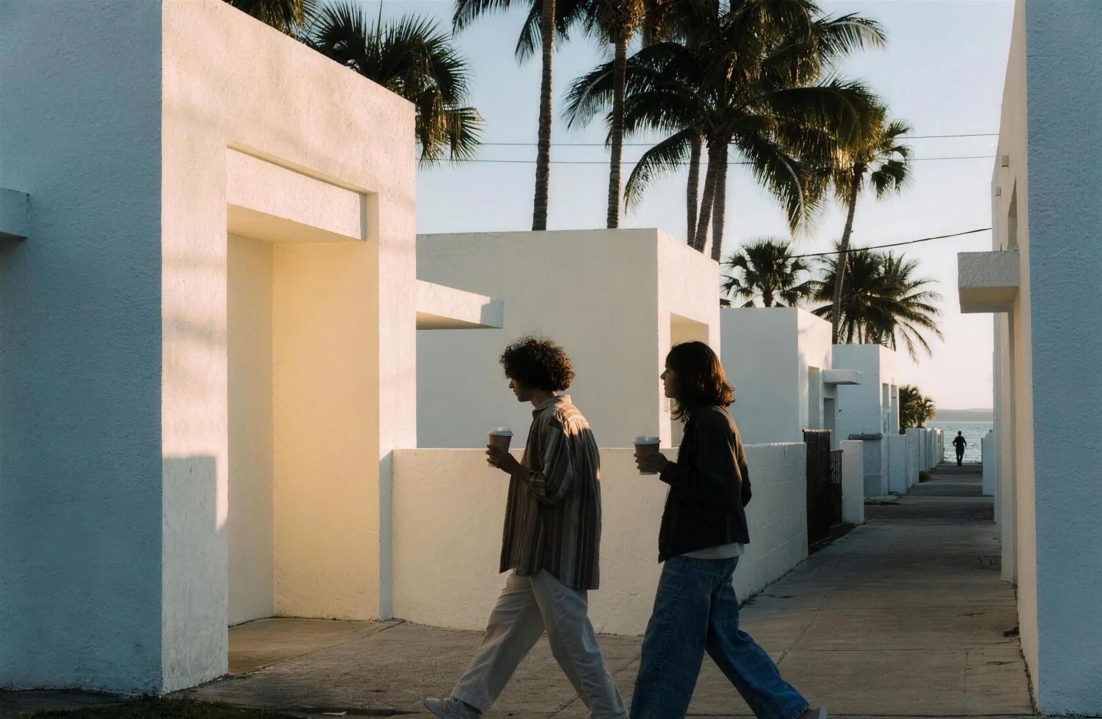 A couple walking at dawn between white masonry walls and palms